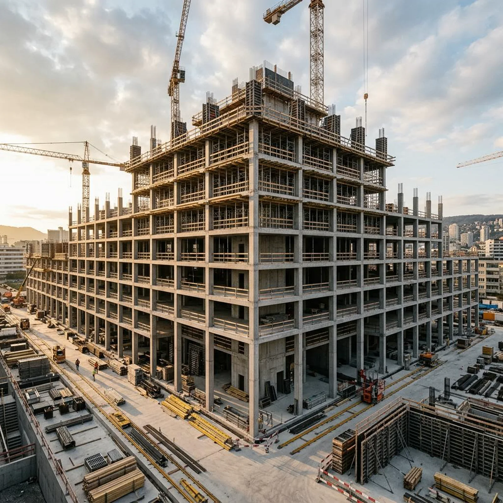 موقع إنشائي بهيكل خرساني (صورة توضيحية)